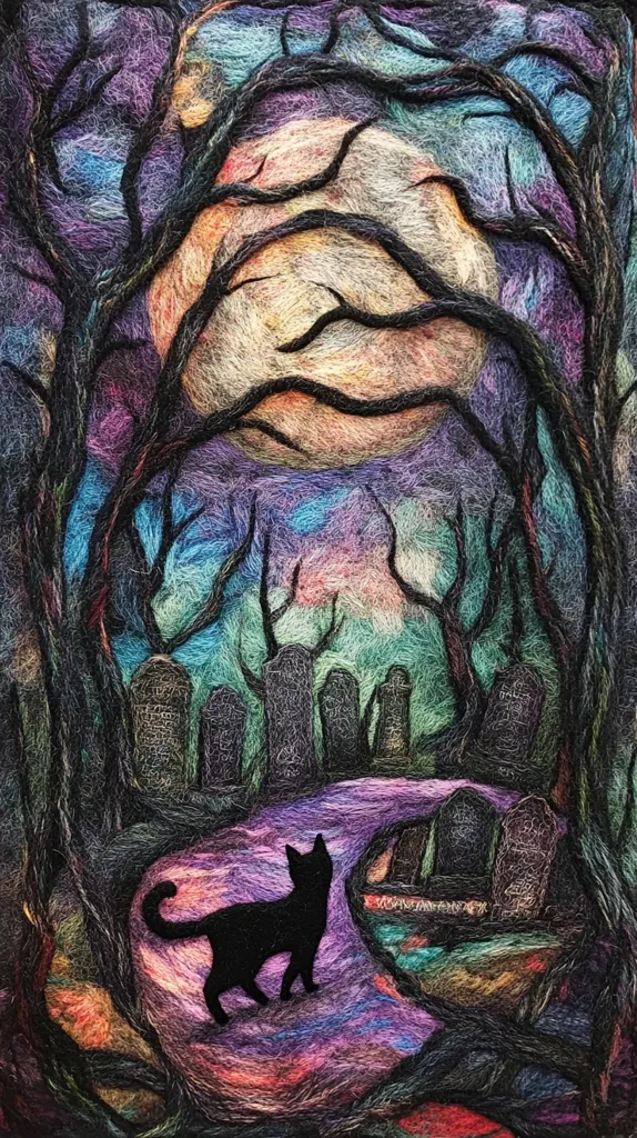 The image is a needle felted scene of a graveyard at night. A large full moon glows in the sky behind a forest of spindly trees. A black cat walks toward the viewer on a path between the rows of grave stones. The image has a whimsical, almost cartoon-like aesthetic.  The colors are vibrant and the textures are rough.