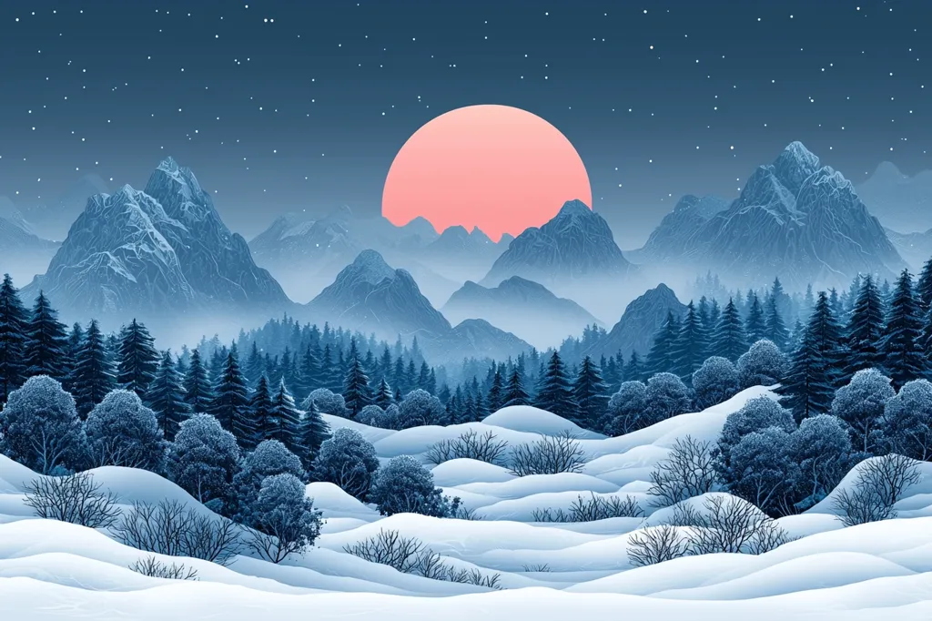 A snowy mountain range with a large pink moon in the sky. The peaks of the mountains are obscured by mist, creating a dreamy atmosphere. A forest of fir trees lines the foothills, which are covered in a blanket of fresh snow. The sky is filled with stars. The scene is peaceful and serene.