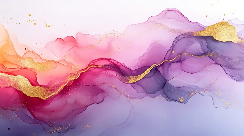 The image is an abstract painting with a light purple background and a flowing, wave-like pattern of pink, red, and purple hues. It is embellished with delicate lines of gold glitter, giving it a touch of luxury and elegance. The fluid and organic forms create a sense of movement and depth, reminiscent of swirling clouds or a flowing river. The overall effect is one of ethereal beauty and tranquility.