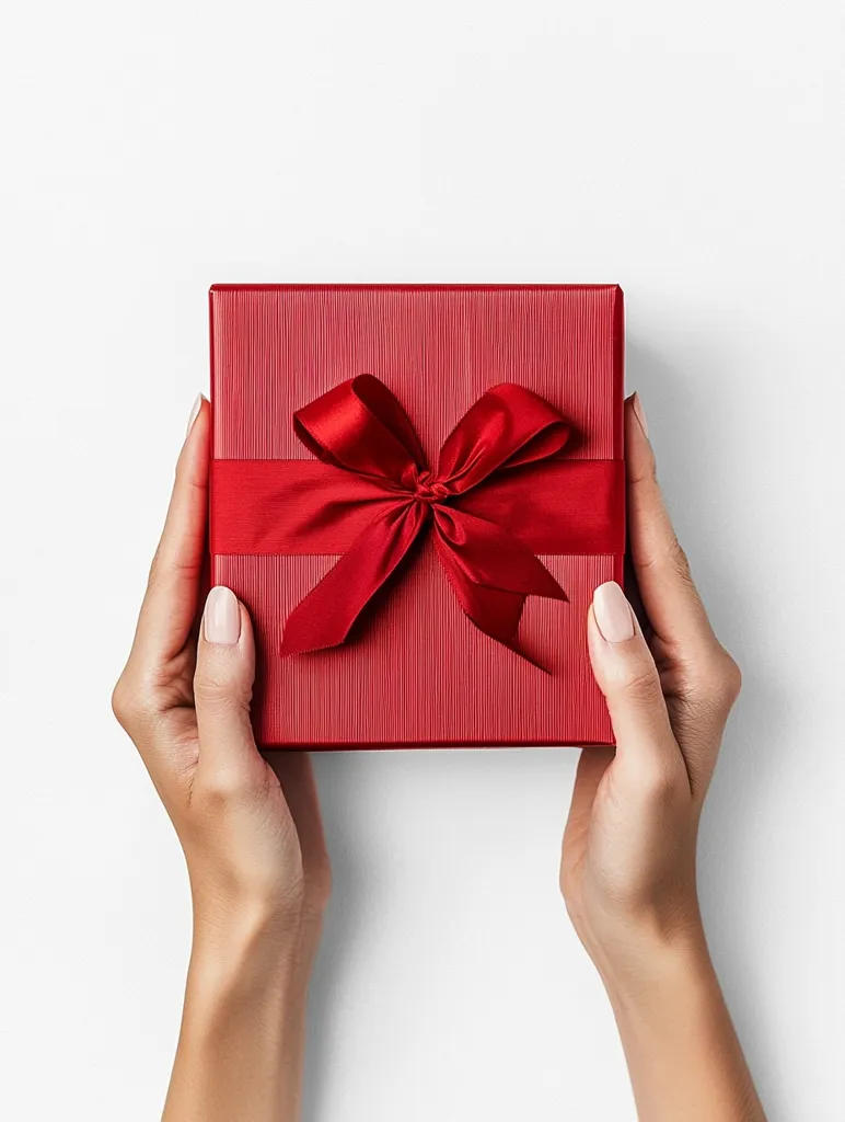 A pair of hands hold a red gift box with a large, red satin bow on top. The box has a subtle texture and the hands are positioned symmetrically on either side. The background is a clean, white surface. The image evokes a sense of anticipation and excitement for the gift within.