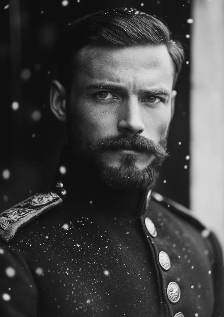 A man with a thick beard and mustache, wearing a military uniform, stands in the snow. His face is stoic, and his eyes are intense. The photograph is in black and white, and the snow is falling around him. The image is dramatic and evocative, and it suggests a sense of strength and determination.
