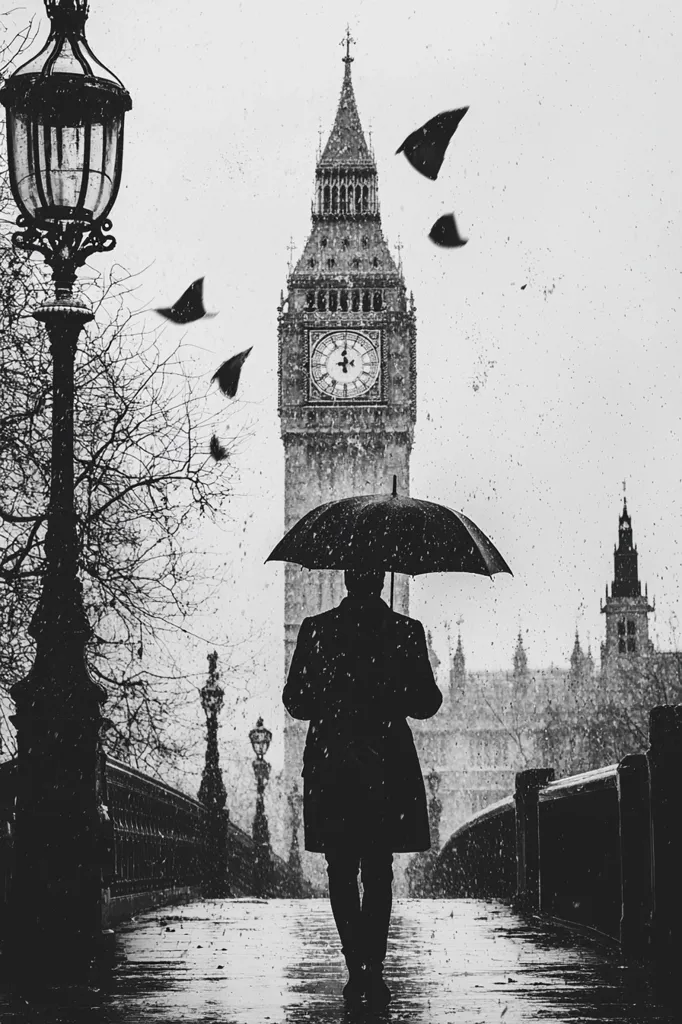 The image is a black and white photograph of a lone figure walking down a wet cobblestone street in London, England. The figure is holding an umbrella over their head to shield them from the falling rain. Big Ben and the Houses of Parliament can be seen in the background. The image has a moody and atmospheric feel, and the rain and the mist add to the sense of mystery and intrigue.