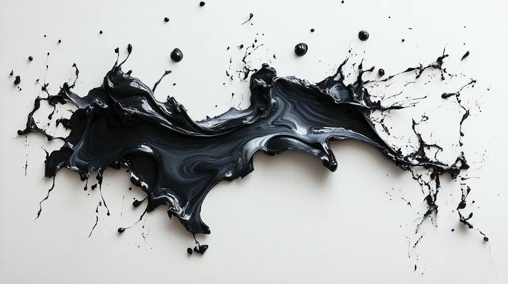 The image features a black paint splattered across a white background. The paint has a fluid, dynamic form, appearing like a wave or a burst of energy. The splattered edges of the paint create a sense of movement and dynamism.  The contrast between the black paint and the white background highlights the texture and details of the splattered paint.  The overall effect is visually striking and abstract.