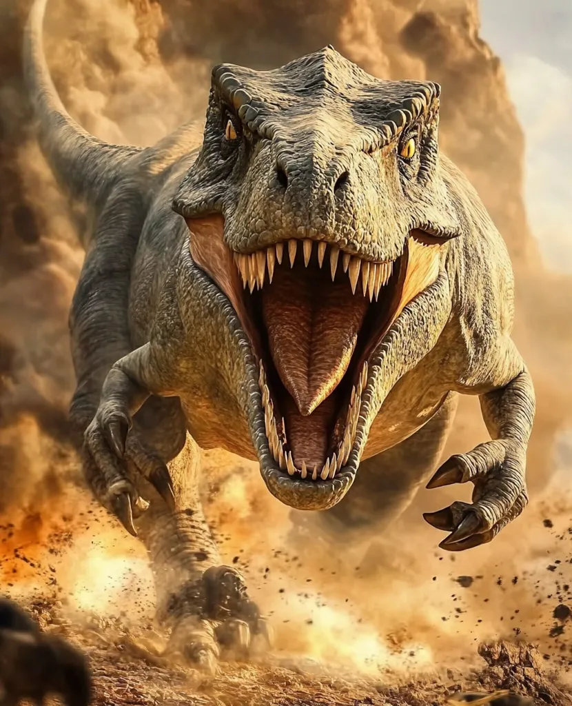 A large, fearsome dinosaur with sharp teeth and claws runs through a dusty, brown landscape. It is facing the camera, its mouth open in a roar, revealing rows of jagged teeth. The dinosaur is covered in brown scales and its powerful legs create dust clouds as it charges. The image evokes a sense of primal power and danger.
