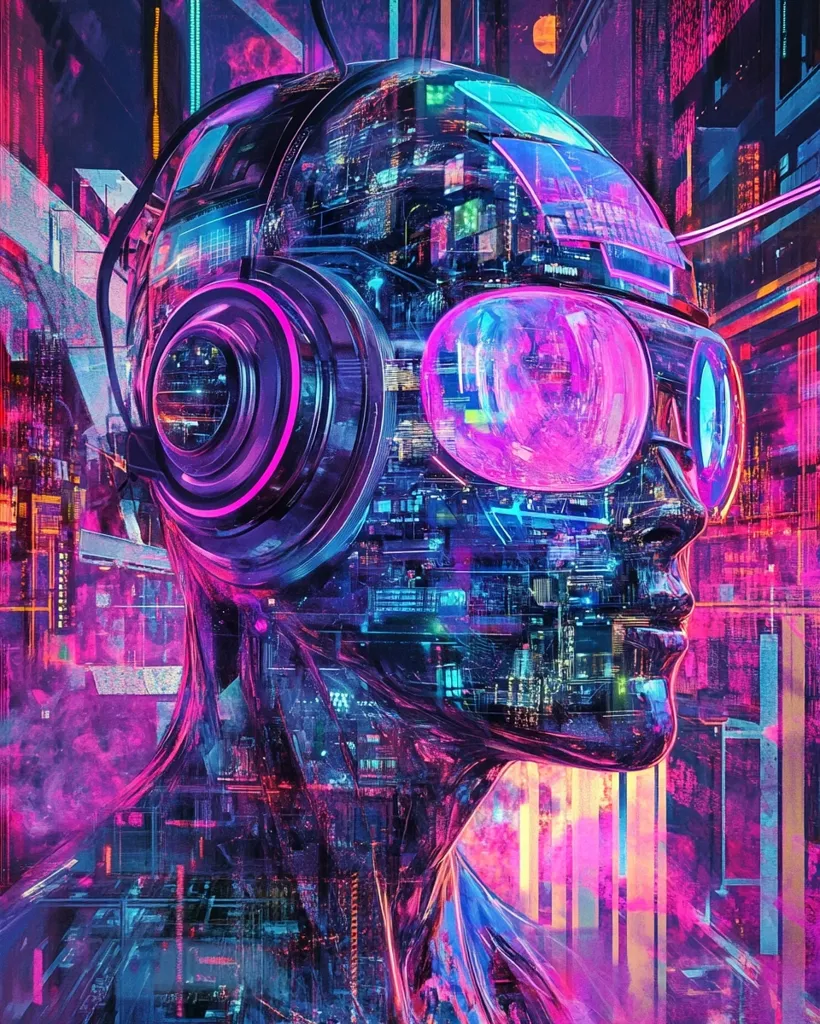 A digital art piece of a person in a futuristic, cyberpunk city. The person's face is obscured by a helmet and large, pink-tinted goggles. The image is made up of layers of neon colors and geometric shapes, creating a sense of depth and movement. The person's body is composed of circuit board patterns and other futuristic elements. The overall effect is one of mystery and awe.