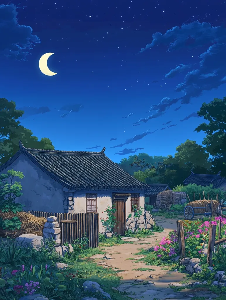 The image depicts a quaint, single-story house nestled in a rural setting under a starry night sky. The house, with its tiled roof and stone facade, has a wooden door and windows. A crescent moon hangs high in the sky, casting a soft glow over the scene. A dirt path leads to the house, lined with lush greenery and blooming flowers. Hay bales sit in a field nearby, and a wagon with wheels is parked on a side path. The atmosphere is peaceful and serene.