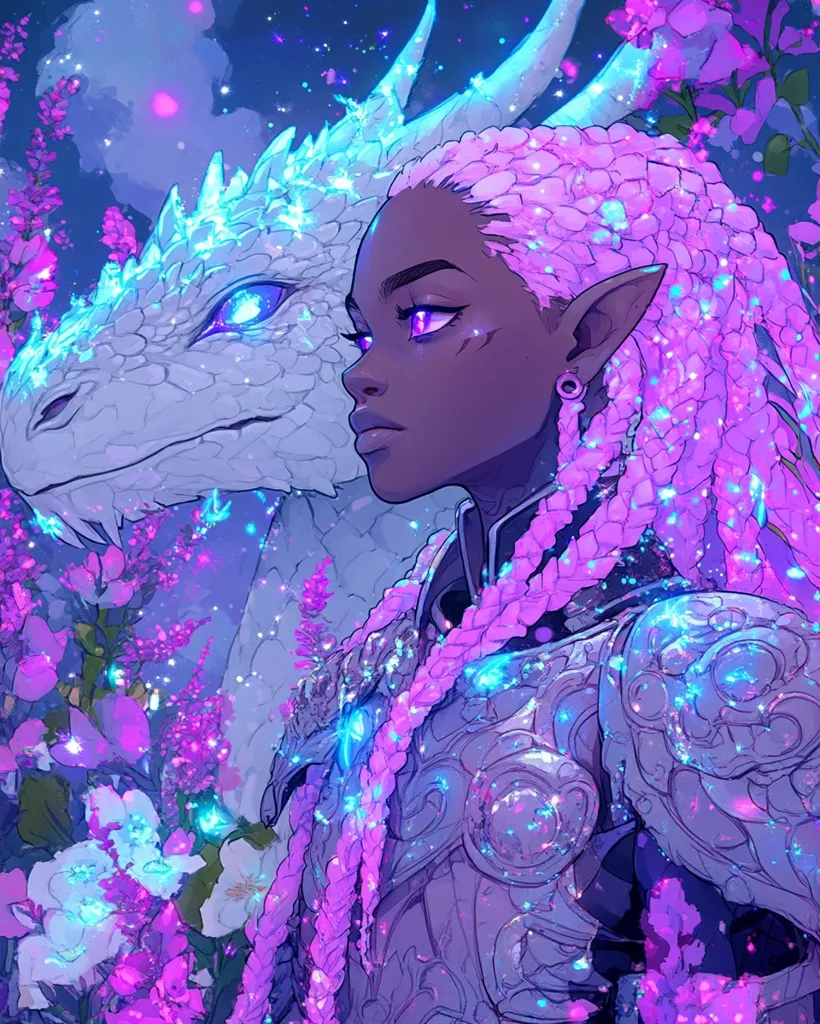 A female elf with long, pink braids stands beside a white dragon. The elf has dark skin, purple eyes, and wears silver armor. Her face is stoic, and her gaze is directed to the side.  The dragon is large and powerful, with blue accents on its scales and wings. Both are bathed in a shimmering light that emanates from the surrounding pink flowers.  The background features a night sky with twinkling stars. The image has a mystical and ethereal feel.