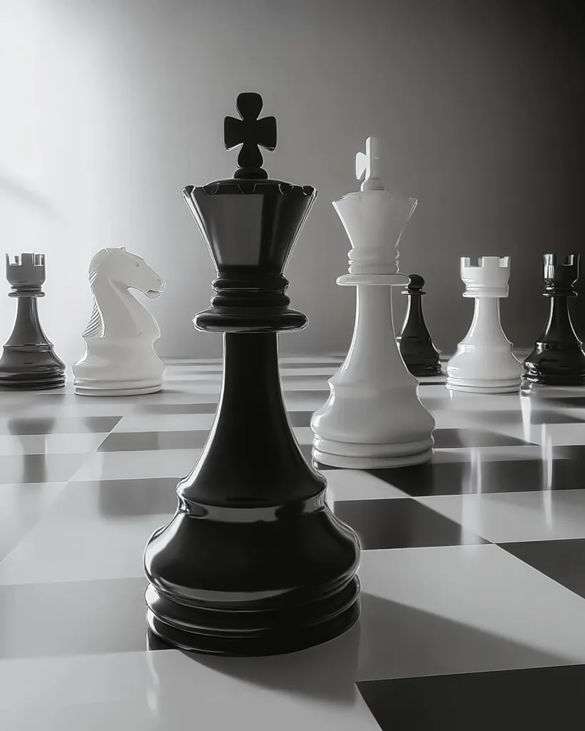 A black chess king stands on a black square in the center of the image, surrounded by other chess pieces on a white and black checkered board. It is a close-up shot with a soft focus on the background, highlighting the king.  The lighting emphasizes the polished surfaces of the pieces.