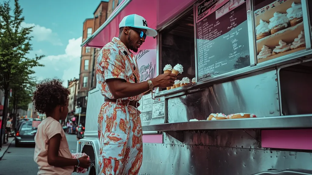 A man in a patterned shirt and a backwards baseball cap is ordering ice cream from a food truck. The truck is painted pink and has a chalkboard menu.  A young child, possibly the man’s son, watches him order, holding a cotton candy. The truck is parked on a city street.  The man holds the ice cream cones while looking at the menu.  The child is looking at the man.