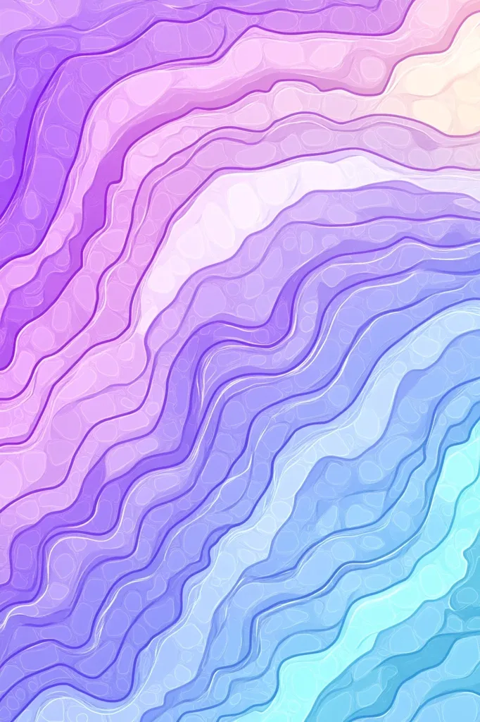 The image is an abstract pattern of wavy lines and soft, pastel colors. The background fades from a vibrant purple to a lighter blue, creating a sense of depth and movement. The lines are thin and delicate, adding a sense of fluidity and grace to the design. Overall, the image evokes a calming and tranquil feeling.