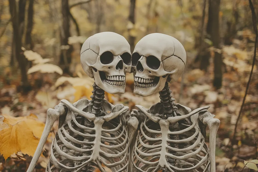 Two skeletons, likely made of plastic or resin, are leaning towards each other in a kiss. Their bony forms are visible against the backdrop of an autumnal forest floor, covered in brown and yellow leaves. The skulls are detailed, and the image creates a playful, yet slightly eerie atmosphere.