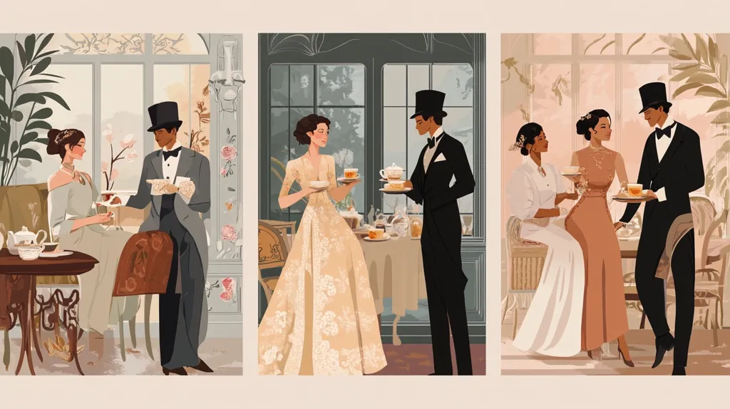 The image depicts three scenes of couples enjoying tea time in elegant settings. The first scene shows a woman in a pale green dress seated, receiving tea from a man in a black suit and hat. The second scene shows a woman in a cream-colored gown accepting tea from a man in a black suit and hat. The third scene shows two women, one in a white gown and the other in a pink gown, receiving tea from a man in a black suit and hat.  All three scenes are set in or near grand windows with elaborate details.  The image evokes a sense of sophistication and tradition.