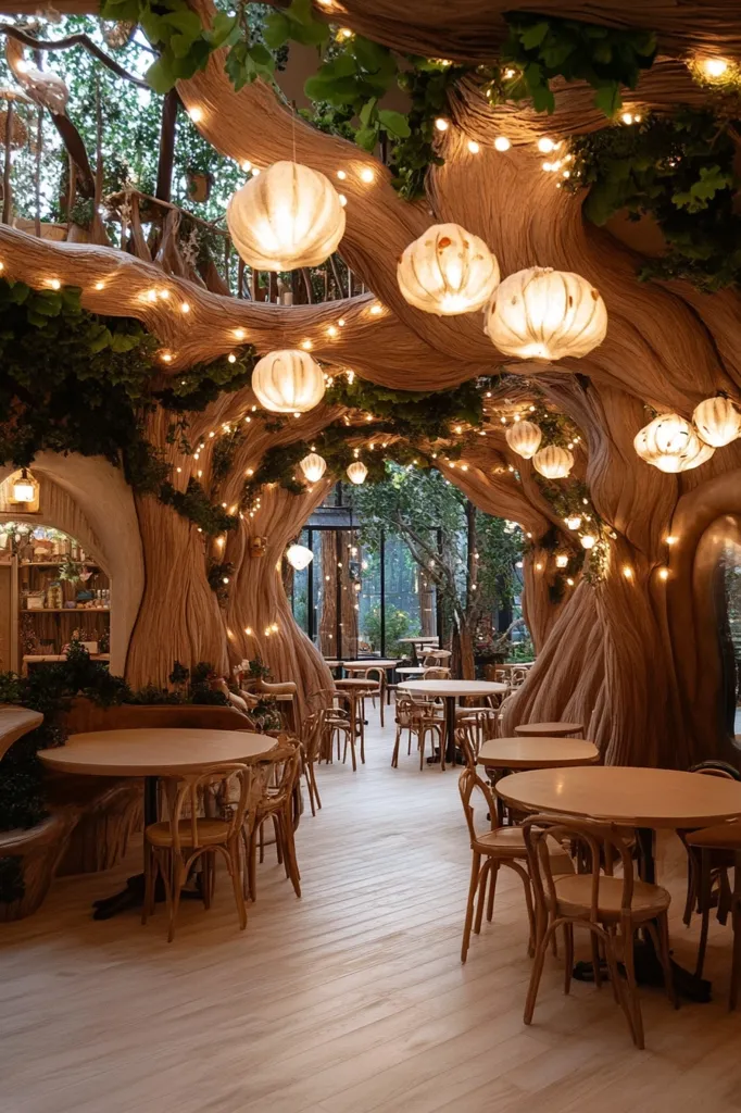 The image shows a restaurant interior designed to resemble a forest. The ceiling is made of intricately woven wooden branches, adorned with fairy lights and large paper lanterns. Natural light pours in through a large window, illuminating the wooden tables and chairs. Lush greenery adds to the ambiance, creating a whimsical and enchanting atmosphere.