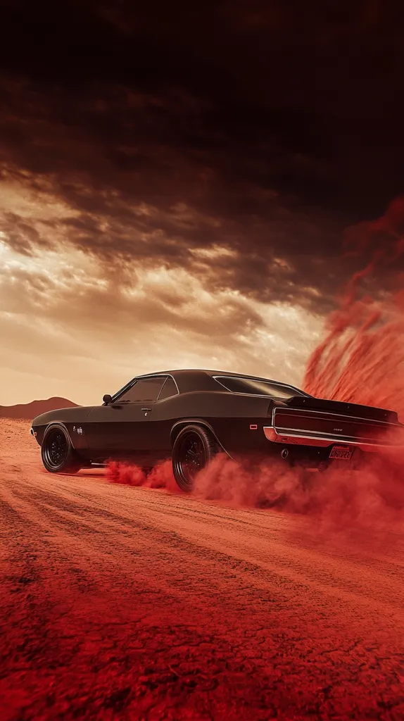 A black muscle car speeds across a red sand desert, leaving a trail of red smoke behind it. The car is in sharp focus, while the background is blurred, creating a sense of motion. The sky is overcast, with a hint of orange light breaking through the clouds. The image has a dramatic and cinematic feel.