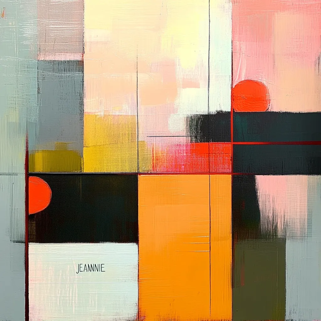 The abstract painting is composed of bold geometric shapes, primarily rectangles and squares, in vibrant colors.  A large orange square dominates the center, surrounded by blocks of yellow, black, red, and pink.  A thin black line vertically divides the orange square, adding a subtle dynamic element.  Two red circles, one in the upper right corner and another in the lower left, add pops of color and break the strictness of the geometric design.  The painting evokes a sense of energy and movement with its interplay of color and form.