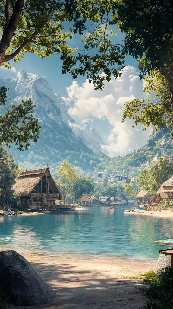 The image shows a serene lakeside scene with a cluster of wooden huts nestled amongst lush greenery. In the background, towering mountains rise up, creating a breathtaking backdrop. A tranquil blue lake stretches out in the foreground, reflecting the clear sky and fluffy clouds above. The scene is bathed in warm sunlight, casting long shadows across the sandy shore. The overall atmosphere is peaceful and inviting, perfect for a tranquil escape.