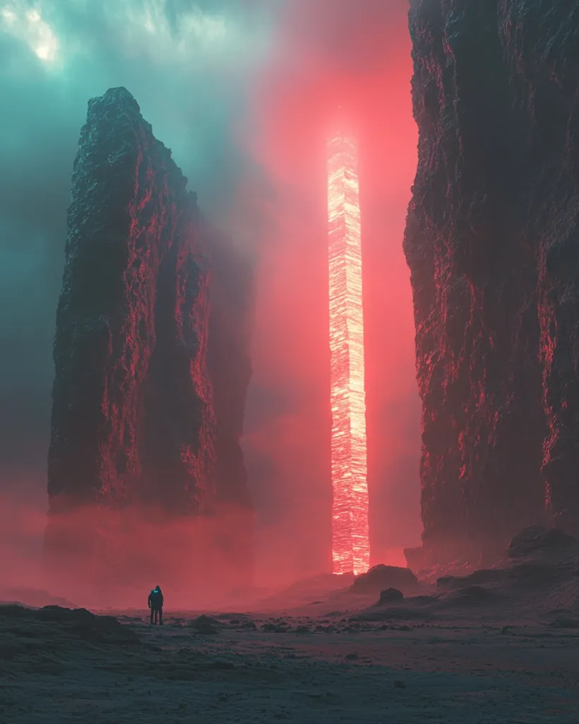 A lone figure stands in a desolate, red-tinged landscape. Two towering rock formations frame a glowing, vertical structure that emits a warm, ethereal light. The sky is a mix of soft blue and pink, creating a surreal and dreamlike atmosphere.  The image evokes a sense of mystery, isolation, and wonder.
