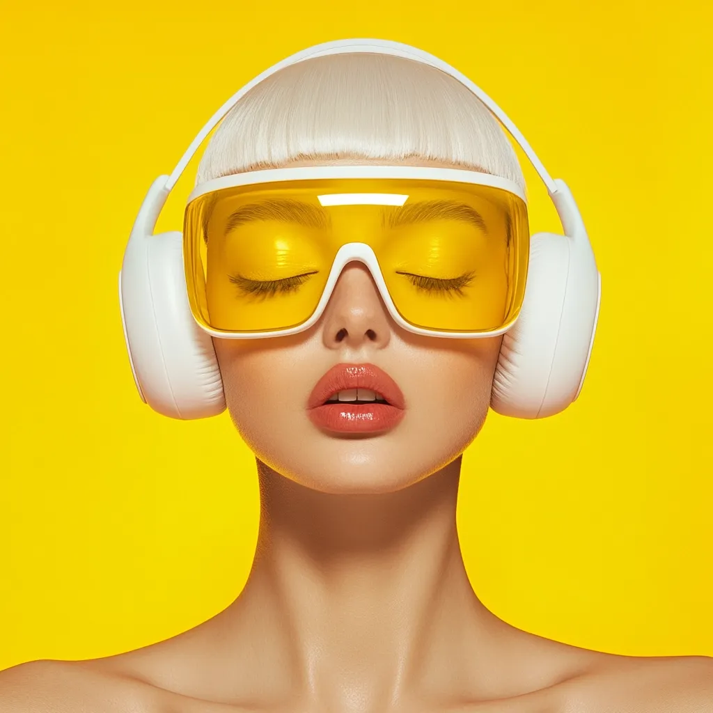 A woman with short blonde hair, wearing large yellow sunglasses and white headphones, stands against a bright yellow background. Her eyes are closed and she appears to be listening to music. The colors of her clothing and the background create a bold and vibrant aesthetic. Her expression is relaxed and peaceful, suggesting a state of calm and enjoyment.