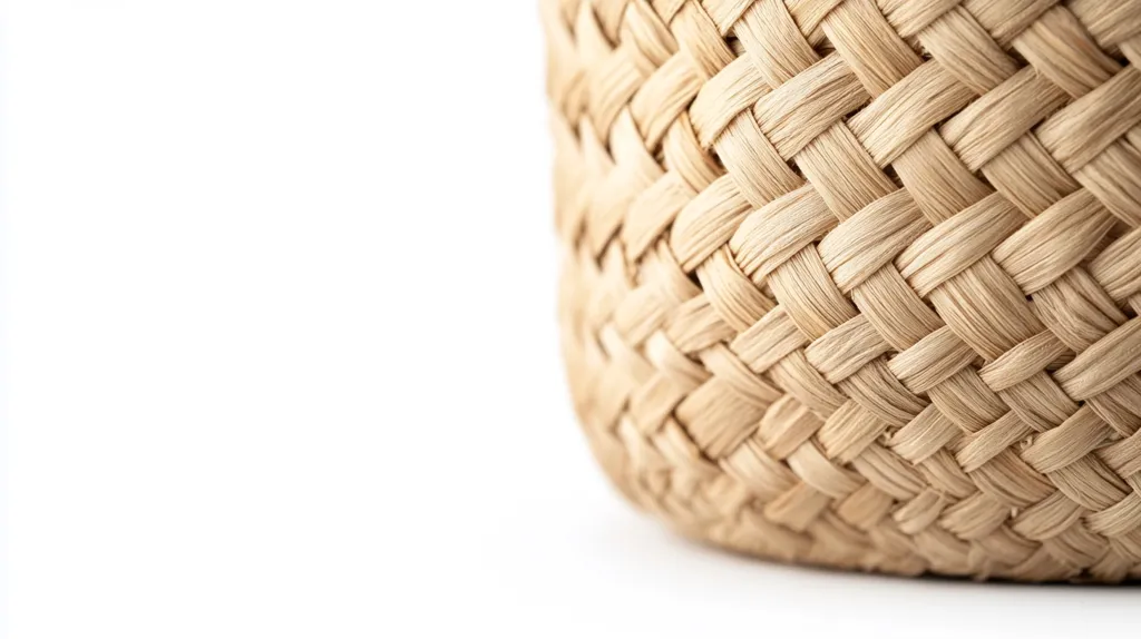 The image shows a close-up of a woven basket. The basket is made of natural, light brown material and has a tight, intricate weave. The image is taken from a low angle, highlighting the texture and detail of the basket's surface. The background is blurred, leaving the basket as the focal point. The image evokes a sense of natural simplicity and craftsmanship.