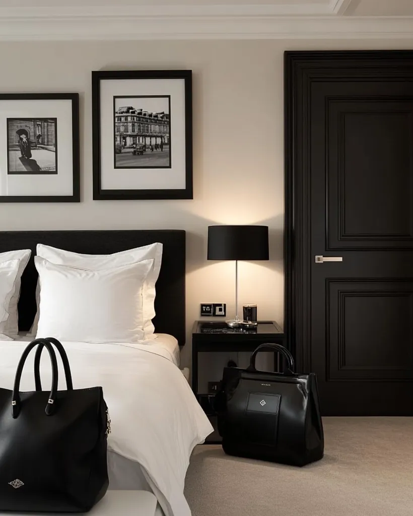 A stylish bedroom with a black and white color scheme. A large bed with white linens and a black headboard sits against a wall adorned with two black framed photos. A black lamp sits on a bedside table next to the bed. In the background, a black door with ornate detailing adds a touch of elegance. Two black leather handbags lie on the floor and carpet. The room has a minimalist and sophisticated aesthetic.