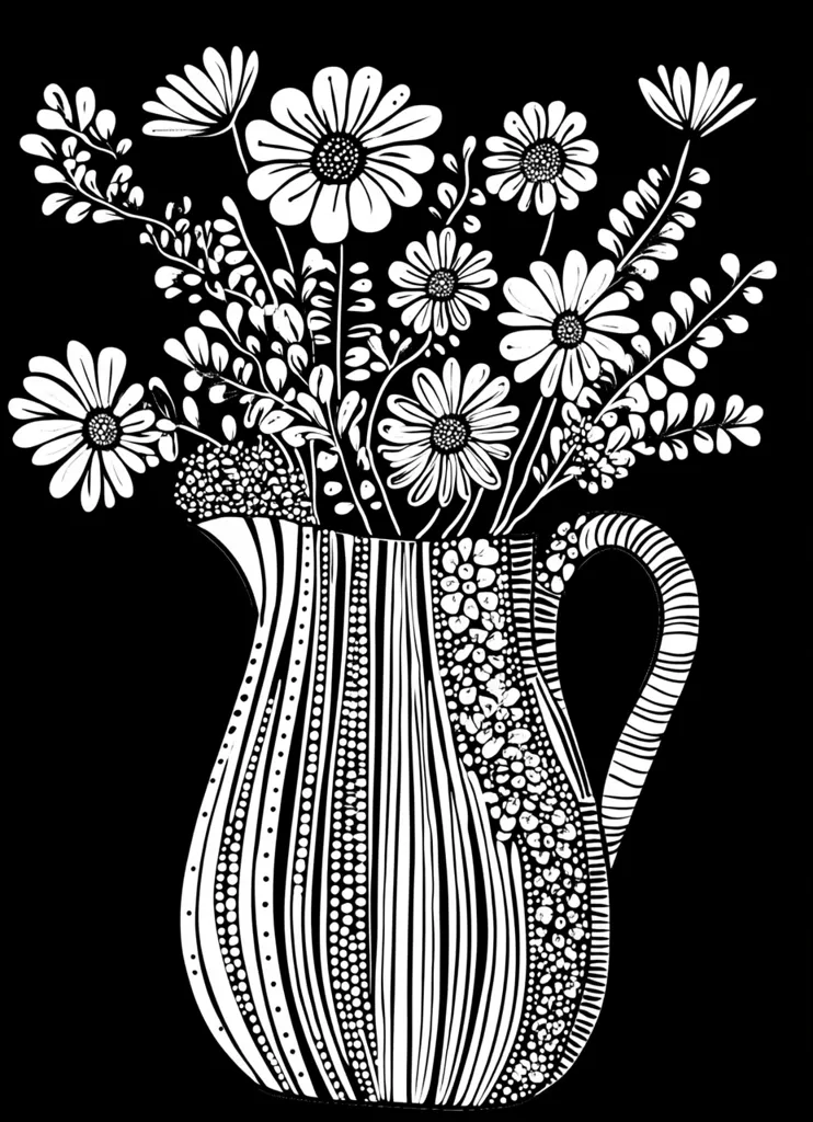 A black and white illustration of a bouquet of daisies in a patterned pitcher. The pitcher has a wide base and a tall, narrow neck. The daisies are all in bloom and have large, white petals. The stems of the flowers are slender and have small, green leaves. The background is black. The image is done in a simple, stylized way.