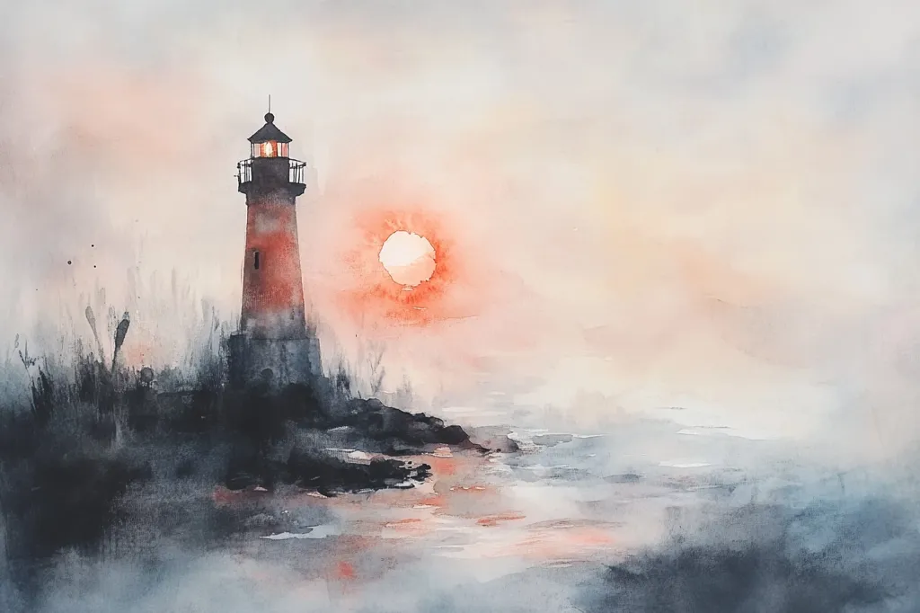 The watercolor painting depicts a lighthouse standing on a rocky shore. The setting sun, painted in shades of orange and red, casts a warm glow on the scene. A misty fog obscures the distance, creating an ethereal atmosphere. The use of soft, muted colors evokes a sense of calm and tranquility.