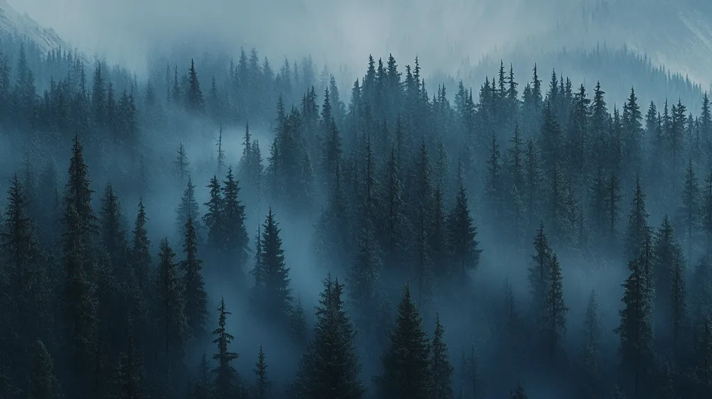 A dense, evergreen forest is shrouded in a thick fog. The trees are tall and dark, their branches barely visible through the mist. The air is still and silent, creating a sense of mystery and tranquility. The fog adds a sense of depth and isolation, making the forest seem even more vast and unknown.