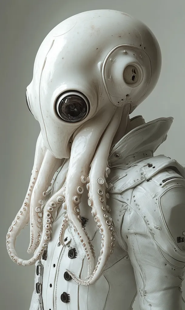 A humanoid figure wears a white, helmet-like mask with large, circular eye openings and a textured surface. The mask appears to be part of a larger outfit, resembling a spacesuit. The suit is textured and adorned with metallic accents. The most striking feature is the white, tentacled appendage extending from the mask, resembling an octopus or squid. The image's overall tone is eerie and futuristic.