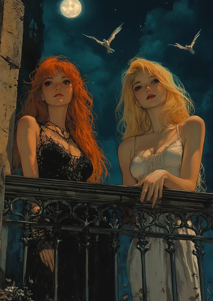 Two women stand on a balcony at night, gazing out at the moon and stars. One woman has long, flowing red hair and wears a black dress with lace. The other woman has long, blonde hair and wears a white dress. They both look thoughtful and contemplative. The scene is romantic and mysterious.  The sky is dark and the moon is bright.