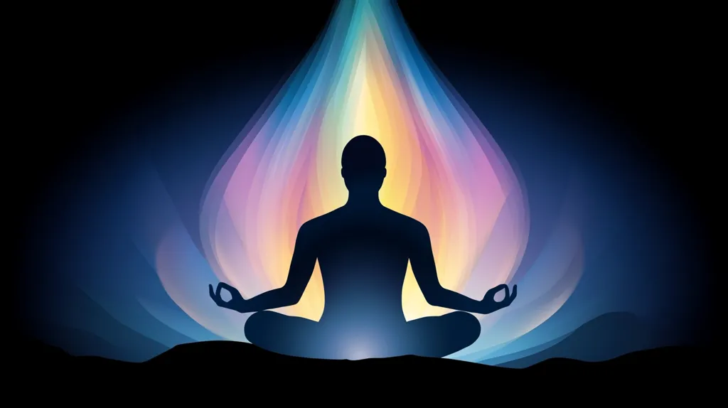 The image depicts a silhouette of a person sitting in a meditative pose, radiating a colorful aura. The aura is depicted as a swirling, ethereal light, emanating from the person’s body and spreading outward. This representation symbolizes peace, enlightenment, and a connection to something greater. The dark background emphasizes the intensity of the inner light and the transformative power of meditation.