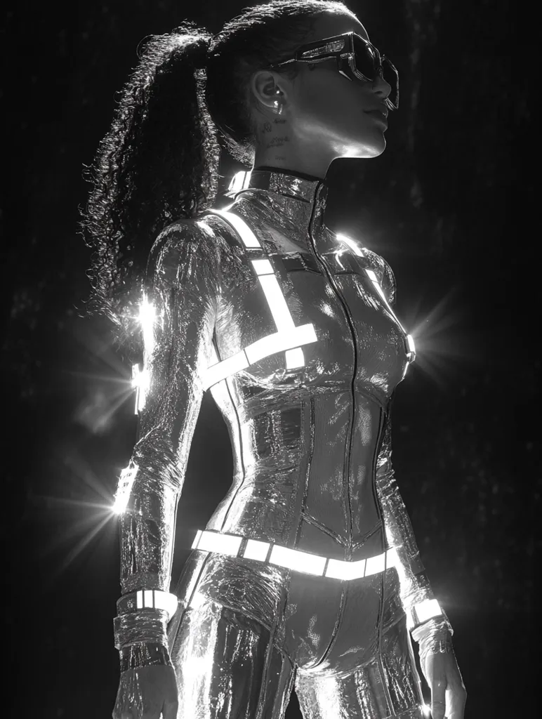 A woman in a silver, reflective jumpsuit stands against a dark background. She wears sunglasses and has her hair pulled back in a ponytail. The suit has reflective strips running down the arms and around the waist. The image is in black and white, creating a stark and futuristic aesthetic.  The woman's pose and the reflective material suggest a sense of power and strength.
