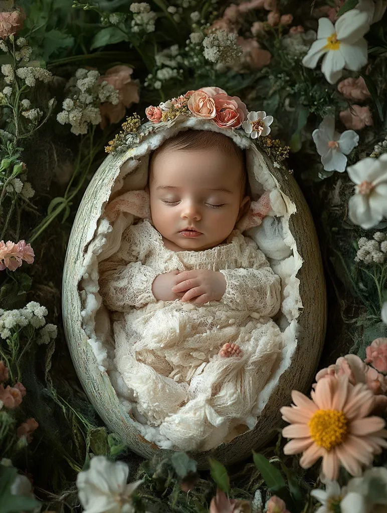 A newborn baby, wearing a delicate white lace dress and a flower crown, sleeps peacefully inside a large, cracked egg shell. Surrounded by lush greenery and blooming flowers, the scene evokes a sense of springtime and new beginnings. The baby's soft features and peaceful slumber create a heartwarming and ethereal image.
