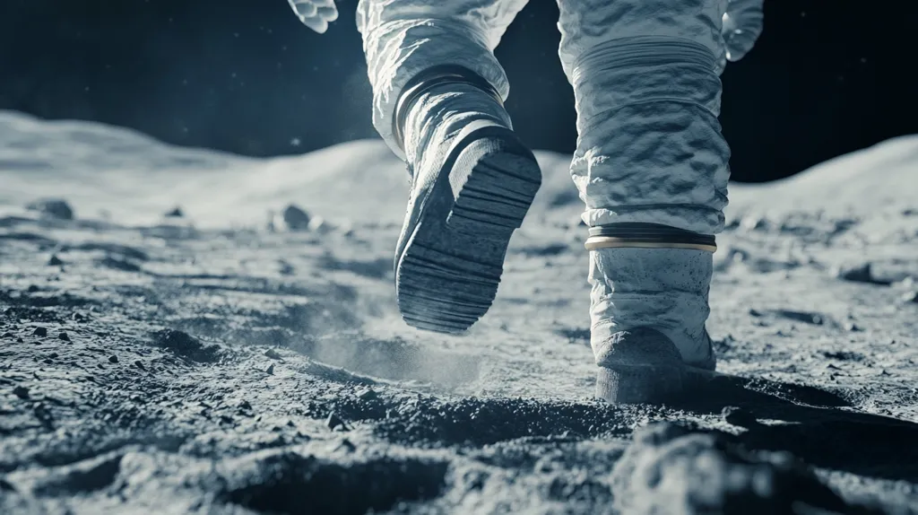 A lone astronaut walks across the dusty surface of the moon, leaving footprints in the lunar regolith.  The astronaut's bulky spacesuit and the vast, barren landscape emphasize the isolation and grandeur of their exploration. The image evokes a sense of wonder and awe, highlighting the human desire to push the boundaries of space exploration.