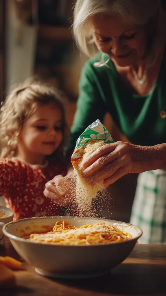 A woman sprinkles grated cheese over a bowl of pasta, while a young girl watches. The woman is wearing a green shirt, and the girl is wearing a red shirt. The scene is set in a kitchen, with a wooden table and a white bowl. The focus is on the woman's hand sprinkling the cheese, which creates a soft, powdery effect.  The image captures a moment of shared joy and culinary tradition.