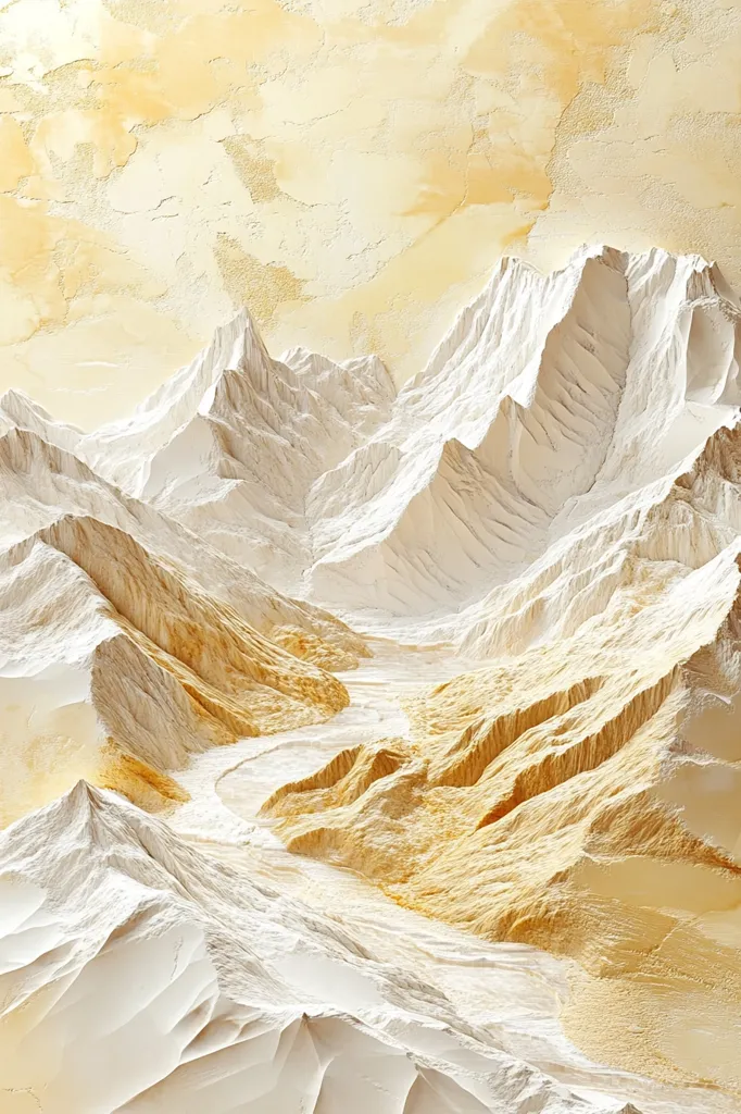 The image depicts a snowy mountain range with a valley in the foreground. The mountains are white and jagged, with a soft, golden light illuminating the scene. The valley is filled with a winding river, which appears to be a light brown color. The background is a soft yellow with hints of gold. The overall effect is one of tranquility and peace.