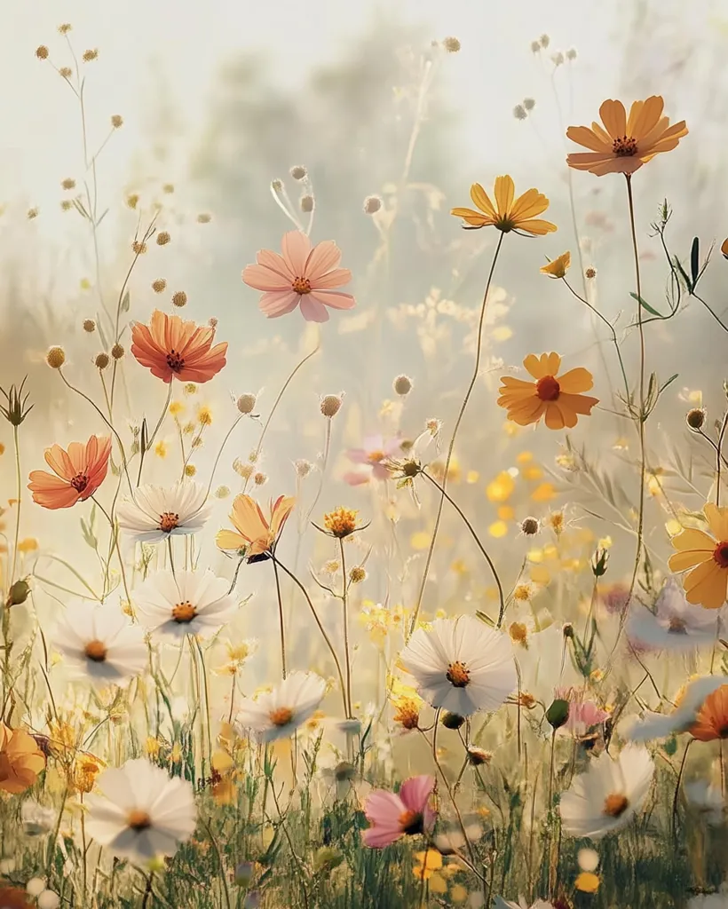 A field of delicate wildflowers, predominantly white and yellow, blooms under a soft, hazy sunlight. The flowers stand tall and slender, their petals unfurling gracefully. The background is a muted, dreamy blur of light and color, creating a sense of peace and tranquility.