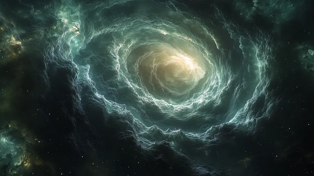 A swirling vortex of green and white nebulae fills the frame, its center glowing with a bright, yellow light. The nebula appears to be a swirling mass of gas and dust, resembling a cosmic storm. The background is a dark, starry expanse, with tiny white stars scattered across the canvas.  The image evokes a sense of vastness and cosmic wonder.