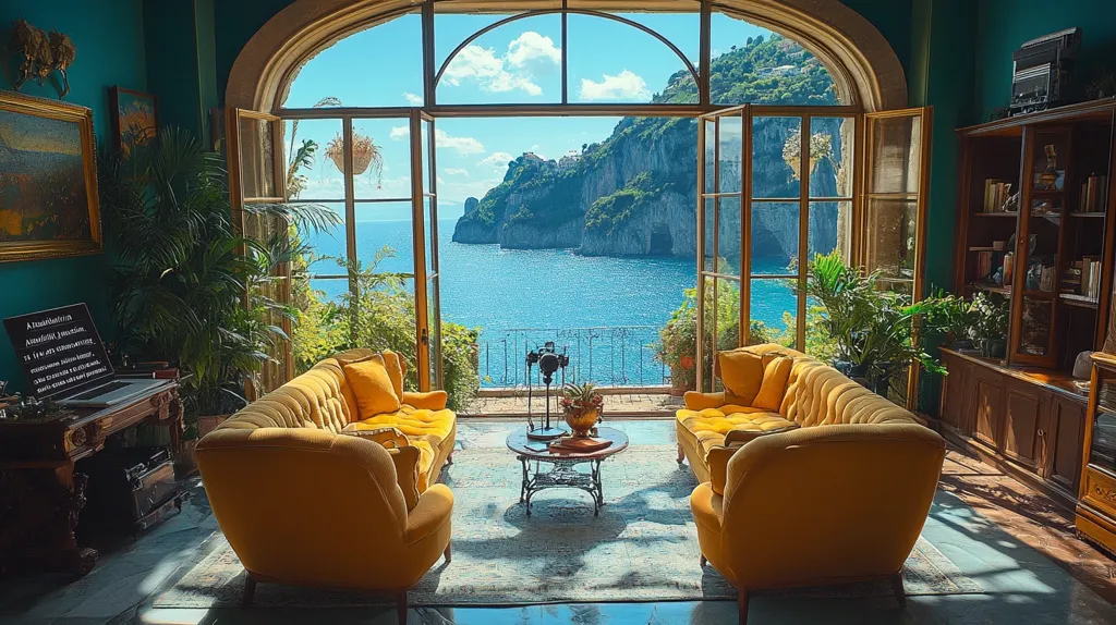A large room with a stunning ocean view. Two yellow sofas face each other in front of a coffee table, inviting relaxation. The large window frames a scenic coastline with blue water, lush green cliffs, and a clear blue sky. The room is decorated with teal walls, a wooden bookcase, and a large painting on the wall.
