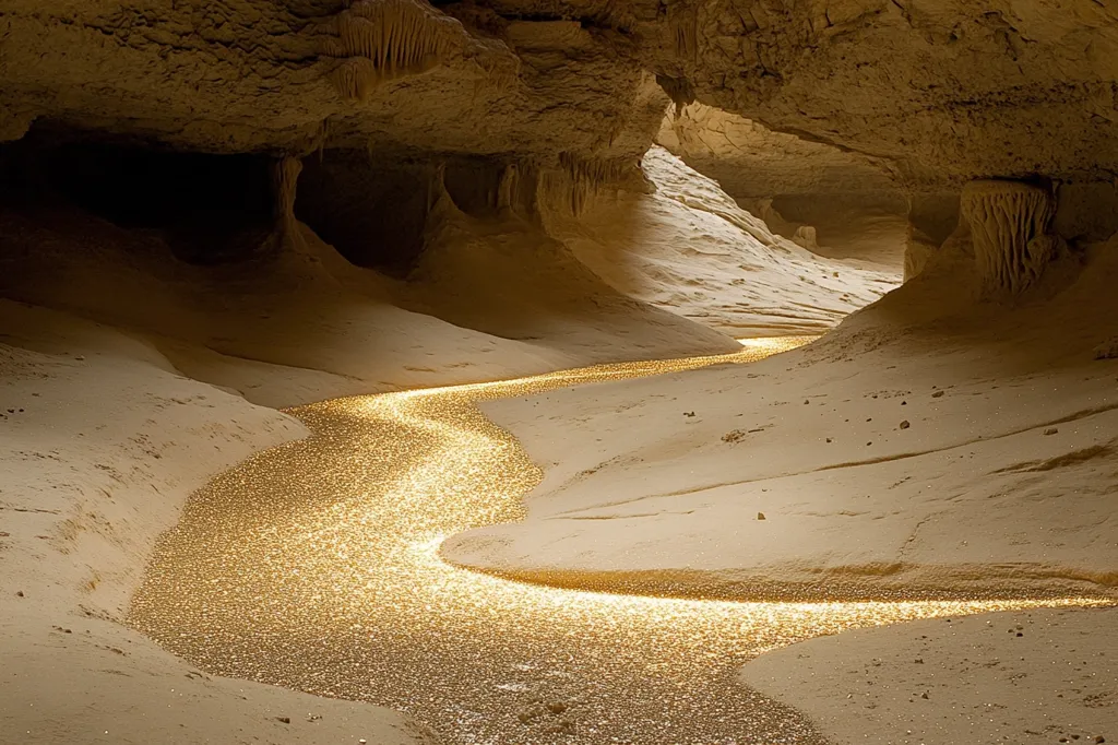 A winding stream of shimmering gold flows through a sandy canyon, illuminated by an unseen light source. The walls of the canyon, carved by time and erosion, rise high above the stream, casting long shadows over the sand. The scene evokes a sense of mystery and wonder, as if the stream is leading to a hidden treasure. The golden glow creates a magical and ethereal atmosphere.