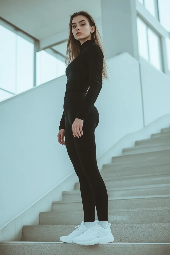 A woman wearing black leggings and a black turtleneck top stands on a set of stairs in a modern building. She is looking to the left of the frame with a serious expression. She is wearing white sneakers. The background is out of focus and appears to be a white wall with large windows.  The image is shot from a low angle, making the woman appear tall and slender.  The lighting is soft and diffused.  The overall effect is one of cool and minimalist style.