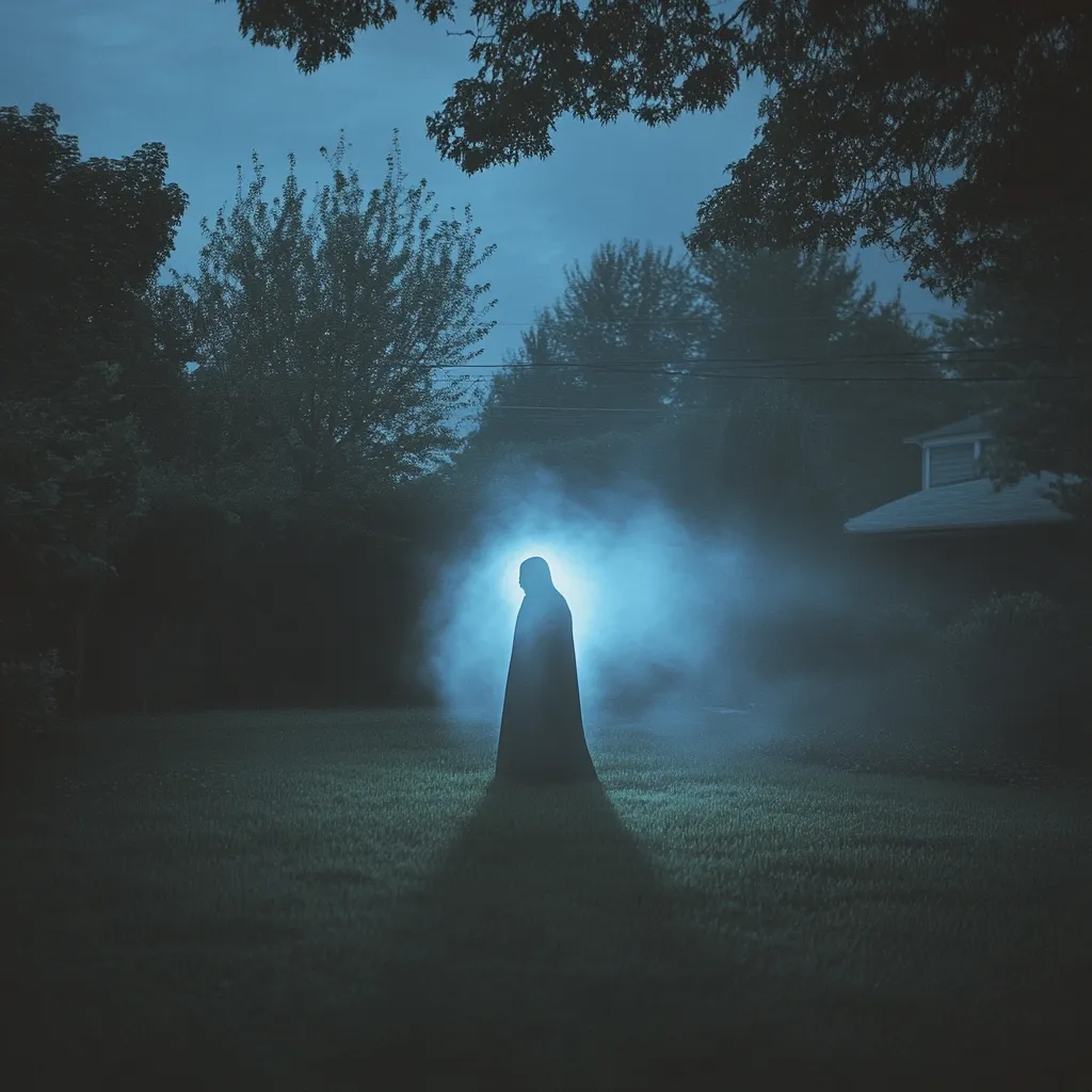 The image depicts a shadowy figure in a long cloak standing in a foggy, dimly lit backyard. The figure is illuminated by a bluish glow, casting an elongated shadow on the grass. The background features trees and a house, all shrouded in a mysterious mist. The scene evokes a sense of suspense and enigma, leaving the viewer to wonder about the figure's identity and purpose.