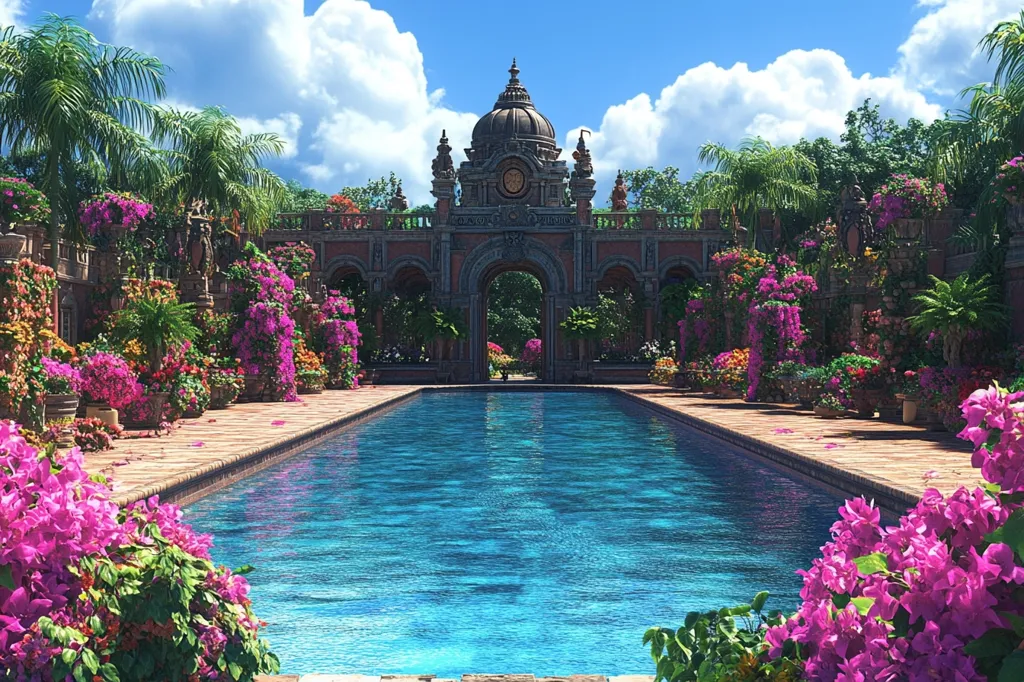 A luxurious outdoor pool is surrounded by vibrant, pink flowers and lush greenery. The pool is perfectly still, reflecting the clear blue sky. In the background, a grand, ornate structure with a domed roof stands as a testament to opulence and beauty. The scene evokes a sense of tranquility and luxury.