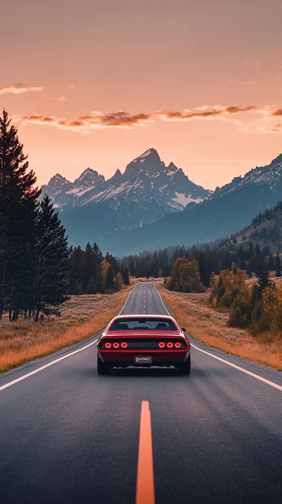 A red muscle car drives down a straight, paved road surrounded by lush trees and mountains. The car's taillights glow brightly against the backdrop of a vibrant sunset sky. The setting evokes a sense of freedom and adventure, inviting the viewer to imagine themselves on an open road trip.  The mountainous terrain suggests a remote location and the possibility of exploration.