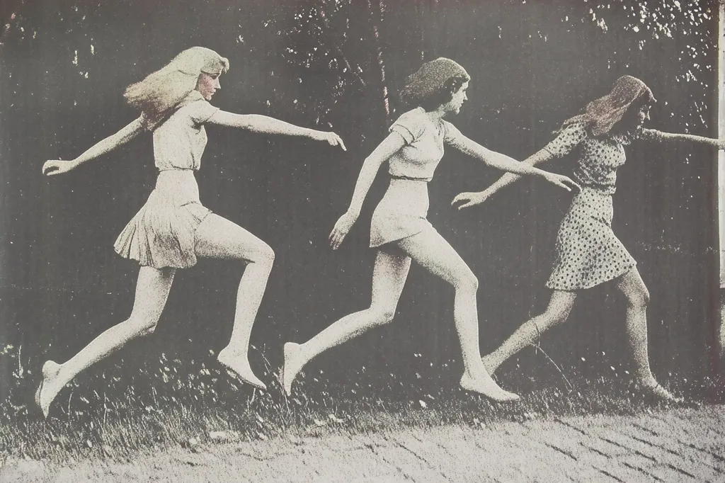 Three young women run across a field, their hair flowing behind them. The woman in the front is wearing a white skirt and top, the woman in the middle is wearing a white skirt and top, and the woman in the back is wearing a spotted skirt. The image is a grainy, vintage photograph. The background is blurred and the scene is captured in motion.  The photograph is likely taken in the late 1960s or early 1970s.  There is a sense of joy and freedom.  The image conveys a carefree and youthful feeling.