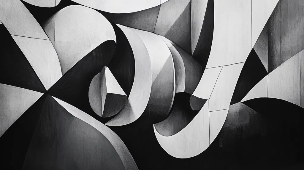 The image is a black and white abstract composition of geometric shapes. The shapes are a combination of curves and straight lines, creating a dynamic and intricate interplay of light and shadow. The image evokes a sense of depth and movement, as if the shapes are floating and shifting in space. The abstract nature of the composition leaves room for interpretation and imagination.