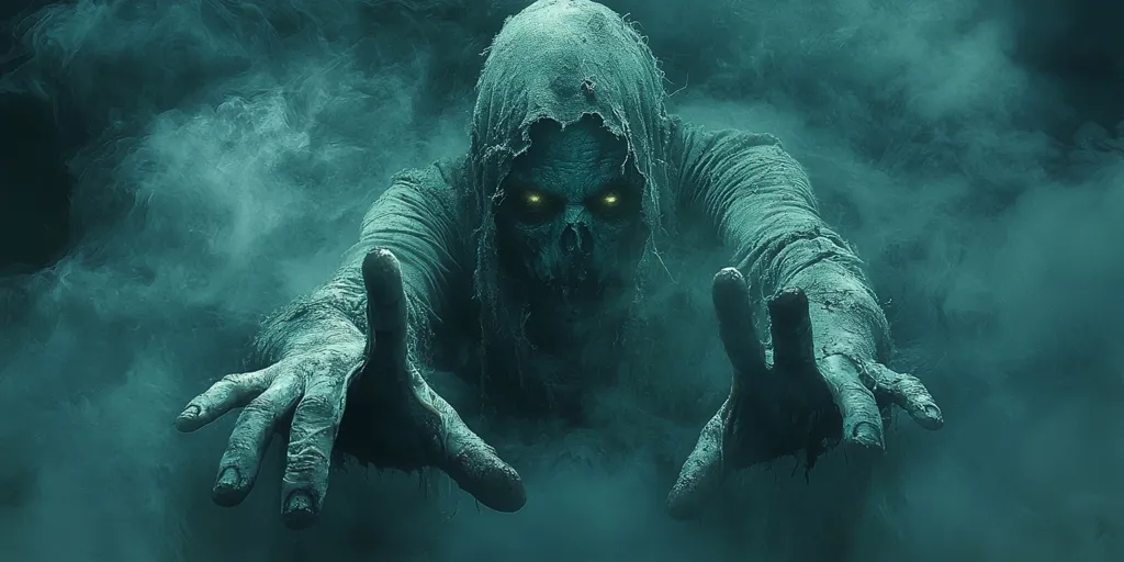 The image depicts a horrifying figure, seemingly a decayed zombie, reaching out from a thick, teal-colored fog. The creature's face is obscured by a tattered hood, but its glowing yellow eyes pierce through the darkness. The image evokes a sense of dread and unease, suggesting the imminent approach of something sinister. The fog obscures the creature's full form, creating a sense of mystery and amplifying the fear it inspires.