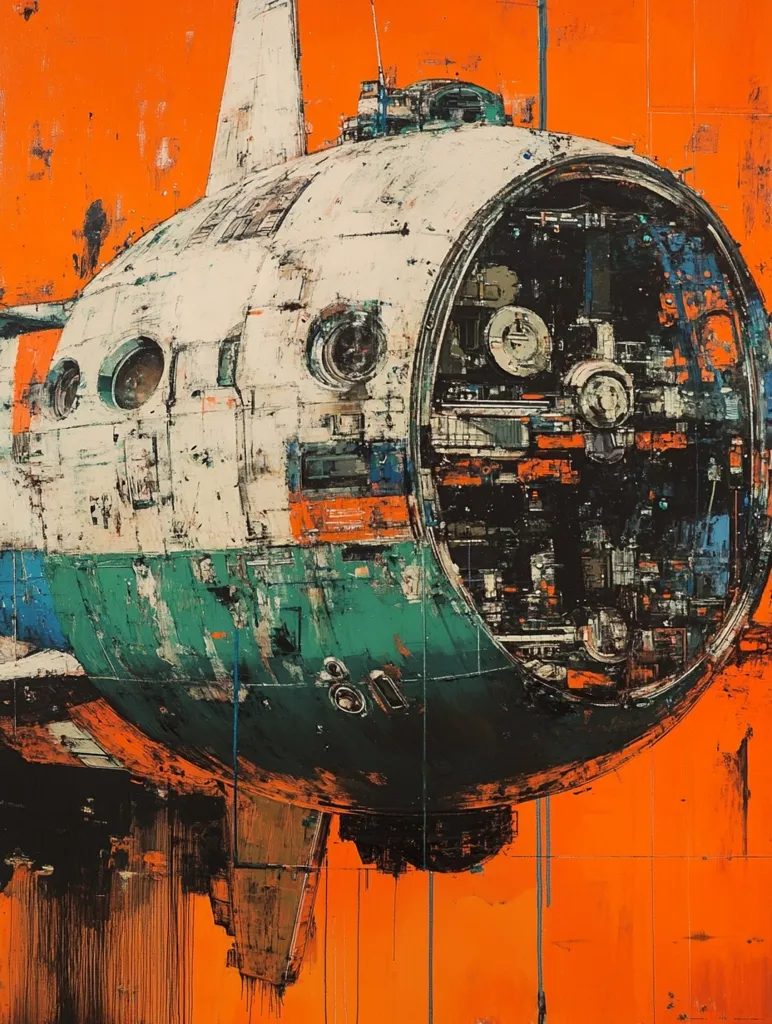 The image depicts a futuristic, spaceship-like vehicle. Its rounded, white hull is partially exposed, revealing intricate machinery and internal workings. The vehicle is rendered in a stylized, abstract style, with a mix of geometric shapes and textural details. The background is a vibrant orange, with a grid-like pattern that suggests a digital or futuristic environment. The overall impression is one of technological complexity and mystery.