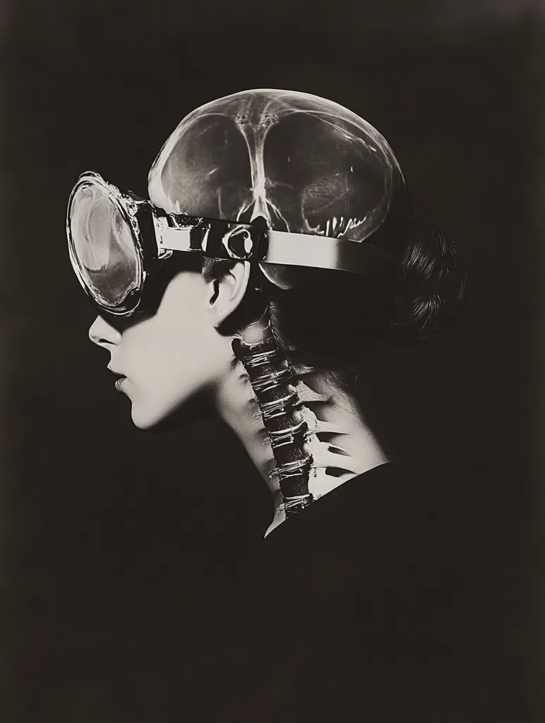 A black and white photo of a woman wearing goggles that reveal an X-ray image of her skull. Her spine is also visible, appearing as if it is attached to the back of her neck.  The image is dark and mysterious, with a strong sense of the unknown. The woman's expression is stoic, adding to the air of mystery.