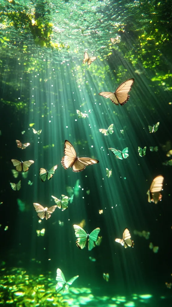 The image is a dreamy, ethereal scene of butterflies fluttering through a sunlit, underwater world. The water is a vibrant green, and sunlight streams through, creating a shimmering effect. The butterflies are a variety of sizes and shades, some with delicate wings and others with bold patterns. They appear to be dancing in the light, creating a sense of joy and wonder. The scene is both magical and peaceful, inviting viewers to escape into a world of pure beauty.