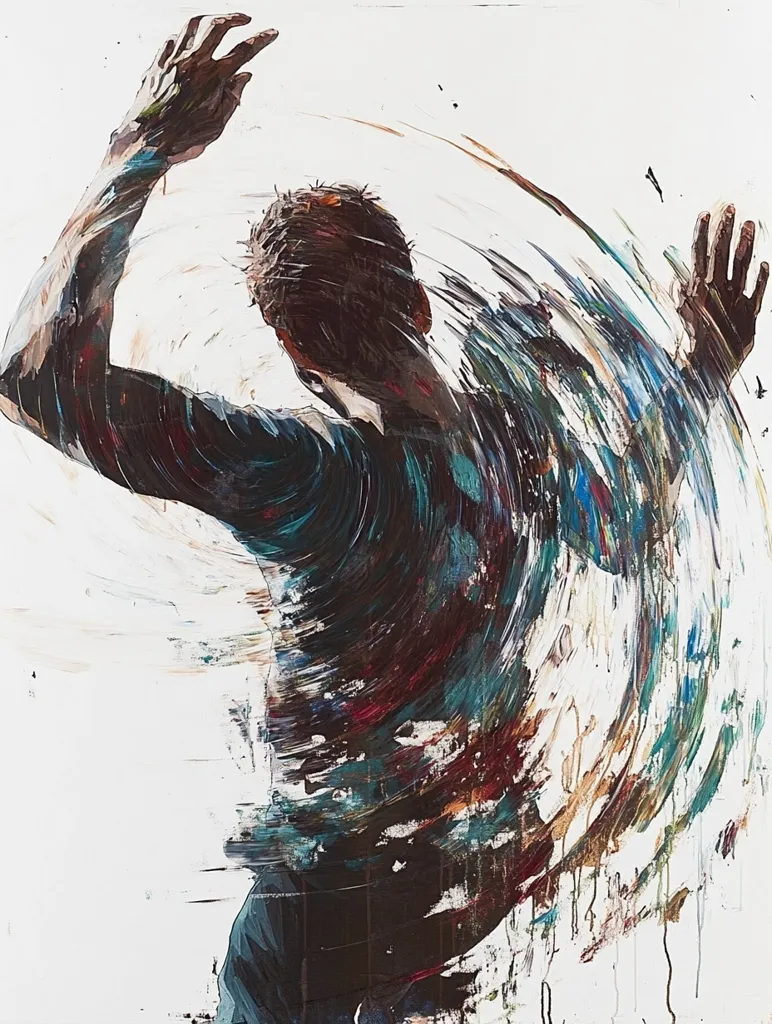 The painting depicts a man in motion.  He is painted in a swirling, abstract style, with thick strokes of paint creating a sense of speed and energy.  His figure is almost completely obscured by the vibrant colors and dynamic brushwork.  The painting is set against a white background, which emphasizes the movement of the figure and the energy of the paint. The artwork suggests a feeling of freedom and exuberance.